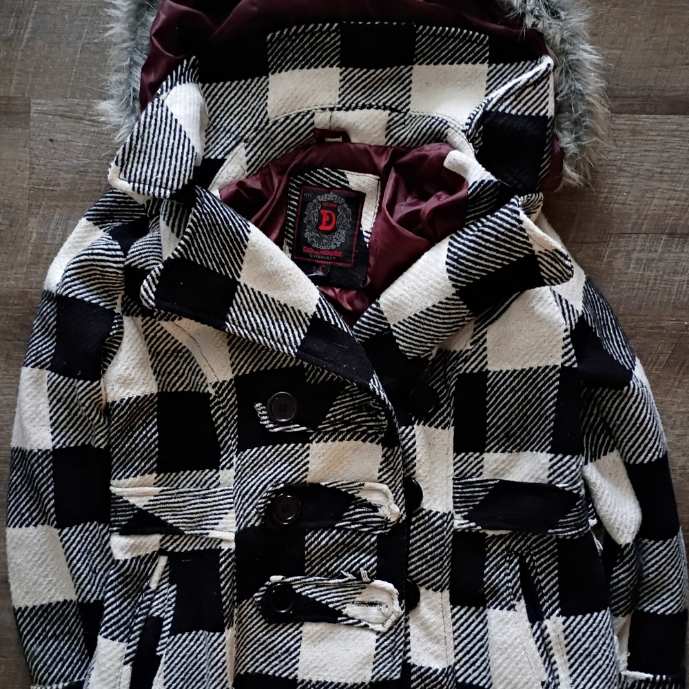Dollhouse Black and White Plaid Pea Coat w/ Detachable Fur Hood